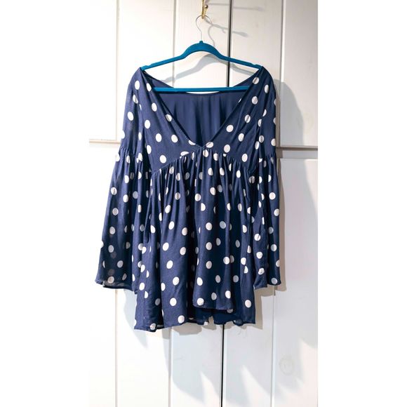 Free People Polka Dot Mini Dress with bell sleeves Navy and white sz xs - Picture 3 of 10